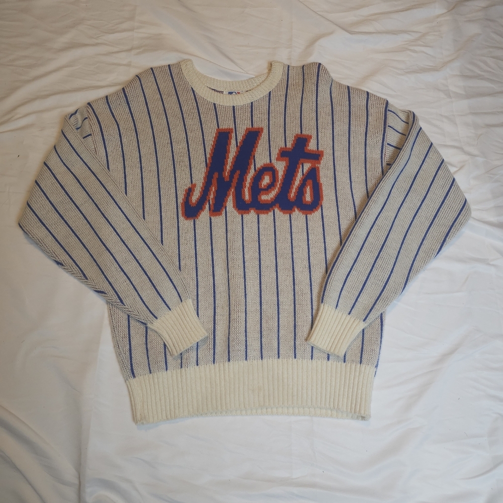New York Mets Sweater with Blue Stripes and Embroidered Logo